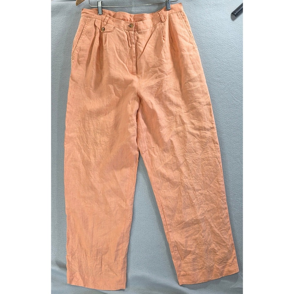 Orvis Coastal Grandmother Linen Trousers 16 Peach Pink High Waist Wide Leg Pants